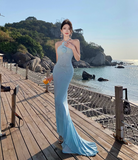 Blue Mermaid Halter Neck Long Prom dress Evening Dress HZ1024
