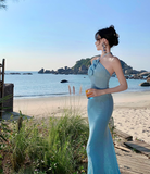 Blue Mermaid Halter Neck Long Prom dress Evening Dress HZ1024