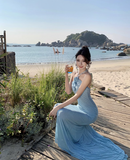 Blue Mermaid Halter Neck Long Prom dress Evening Dress HZ1024