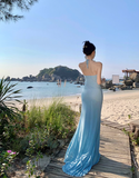 Blue Mermaid Halter Neck Long Prom dress Evening Dress HZ1024