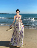 V-neck purple printed suspender dress HZ1024