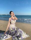V-neck purple printed suspender dress HZ1024