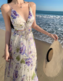 V-neck purple printed suspender dress HZ1024