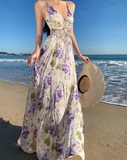 V-neck purple printed suspender dress HZ1024