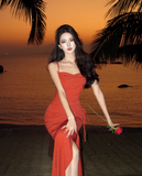 Swing Neck Shiny Silk Suspender Fishtail Skirt HZ1024