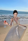 A-line halterneck long dress, backless beach dress HZ1024