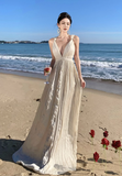 A-line halterneck long dress, backless beach dress HZ1024