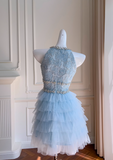 A-line beaded tulle short prom dress, blue homecoming dress HZ1024