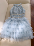 A-line beaded tulle short prom dress, blue homecoming dress HZ1024