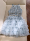 A-line beaded tulle short prom dress, blue homecoming dress HZ1024
