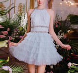 A-line beaded tulle short prom dress, blue homecoming dress HZ1024