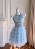 A-line beaded tulle short prom dress, blue homecoming dress HZ1024