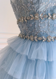 A-line beaded tulle short prom dress, blue homecoming dress HZ1024