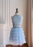A-line beaded tulle short prom dress, blue homecoming dress HZ1024