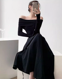 niche design one-shoulder French Hepburn style waisted black and white slim long dress dress for women HZ1024