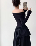 niche design one-shoulder French Hepburn style waisted black and white slim long dress dress for women HZ1024