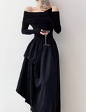 niche design one-shoulder French Hepburn style waisted black and white slim long dress dress for women HZ1024