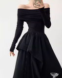 niche design one-shoulder French Hepburn style waisted black and white slim long dress dress for women HZ1024