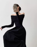 niche design one-shoulder French Hepburn style waisted black and white slim long dress dress for women HZ1024
