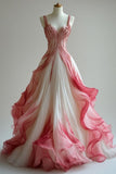Pink A-Line V Neck Tulle Long Prom Dresses,Gradient Pink Formal Party Dress HZ1024