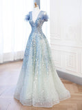 V-neck Blue Tulle Sequins Long Prom Dress, Blue Formal Dress HZ1024