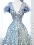 V-neck Blue Tulle Sequins Long Prom Dress, Blue Formal Dress HZ1024