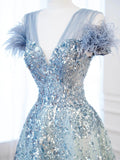 V-neck Blue Tulle Sequins Long Prom Dress, Blue Formal Dress HZ1024