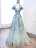 V-neck Blue Tulle Sequins Long Prom Dress, Blue Formal Dress HZ1024