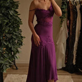 Grape Spaghetti Straps Sheath Chiffon Prom Dress With Beads HZ1024