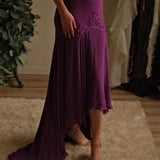 Grape Spaghetti Straps Sheath Chiffon Prom Dress With Beads HZ1024