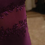 Grape Spaghetti Straps Sheath Chiffon Prom Dress With Beads HZ1024
