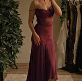 Grape Spaghetti Straps Sheath Chiffon Prom Dress With Beads HZ1024