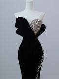 Velvet Strapless Crystal Long Prom Dress,Formal Dress HZ1024