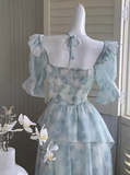 style ruffle waist slim irregular gentle style blue floral chiffon dress for women HZ1024