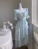 style ruffle waist slim irregular gentle style blue floral chiffon dress for women HZ1024