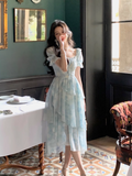 style ruffle waist slim irregular gentle style blue floral chiffon dress for women HZ1024