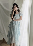 style ruffle waist slim irregular gentle style blue floral chiffon dress for women HZ1024