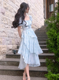 style ruffle waist slim irregular gentle style blue floral chiffon dress for women HZ1024