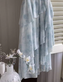 style ruffle waist slim irregular gentle style blue floral chiffon dress for women HZ1024
