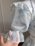 style ruffle waist slim irregular gentle style blue floral chiffon dress for women HZ1024