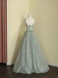 Spaghetti Straps A-line Embroidery Satin Tulle Long Prom Dresses,Sweet 16 Dress With Appliqu¨¦ HZ1024