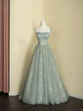 Spaghetti Straps A-line Embroidery Satin Tulle Long Prom Dresses,Sweet 16 Dress With Appliqu¨¦ HZ1024