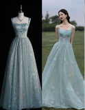 Spaghetti Straps A-line Embroidery Satin Tulle Long Prom Dresses,Sweet 16 Dress With Appliqu¨¦ HZ1024