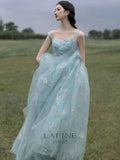Spaghetti Straps A-line Embroidery Satin Tulle Long Prom Dresses,Sweet 16 Dress With Appliqu¨¦ HZ1024