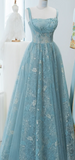Spaghetti Straps A-line Embroidery Satin Tulle Long Prom Dresses,Sweet 16 Dress With Appliqu¨¦ HZ1024