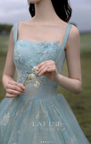 Spaghetti Straps A-line Embroidery Satin Tulle Long Prom Dresses,Sweet 16 Dress With Appliqu¨¦ HZ1024