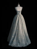Spaghetti Straps A-line Embroidery Satin Tulle Long Prom Dresses,Sweet 16 Dress With Appliqu¨¦ HZ1024