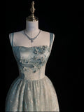 Spaghetti Straps A-line Embroidery Satin Tulle Long Prom Dresses,Sweet 16 Dress With Appliqu¨¦ HZ1024