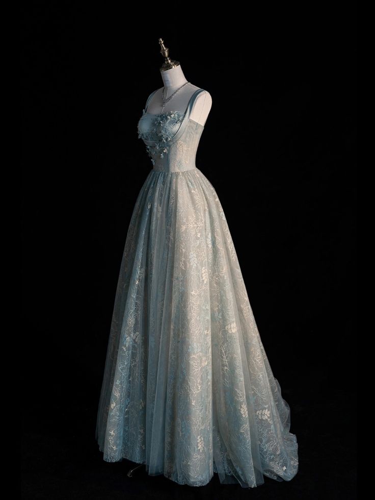 Spaghetti Straps A-line Embroidery Satin Tulle Long Prom Dresses,Sweet 16 Dress With Appliqu¨¦ HZ1024