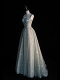 Spaghetti Straps A-line Embroidery Satin Tulle Long Prom Dresses,Sweet 16 Dress With Appliqu¨¦ HZ1024